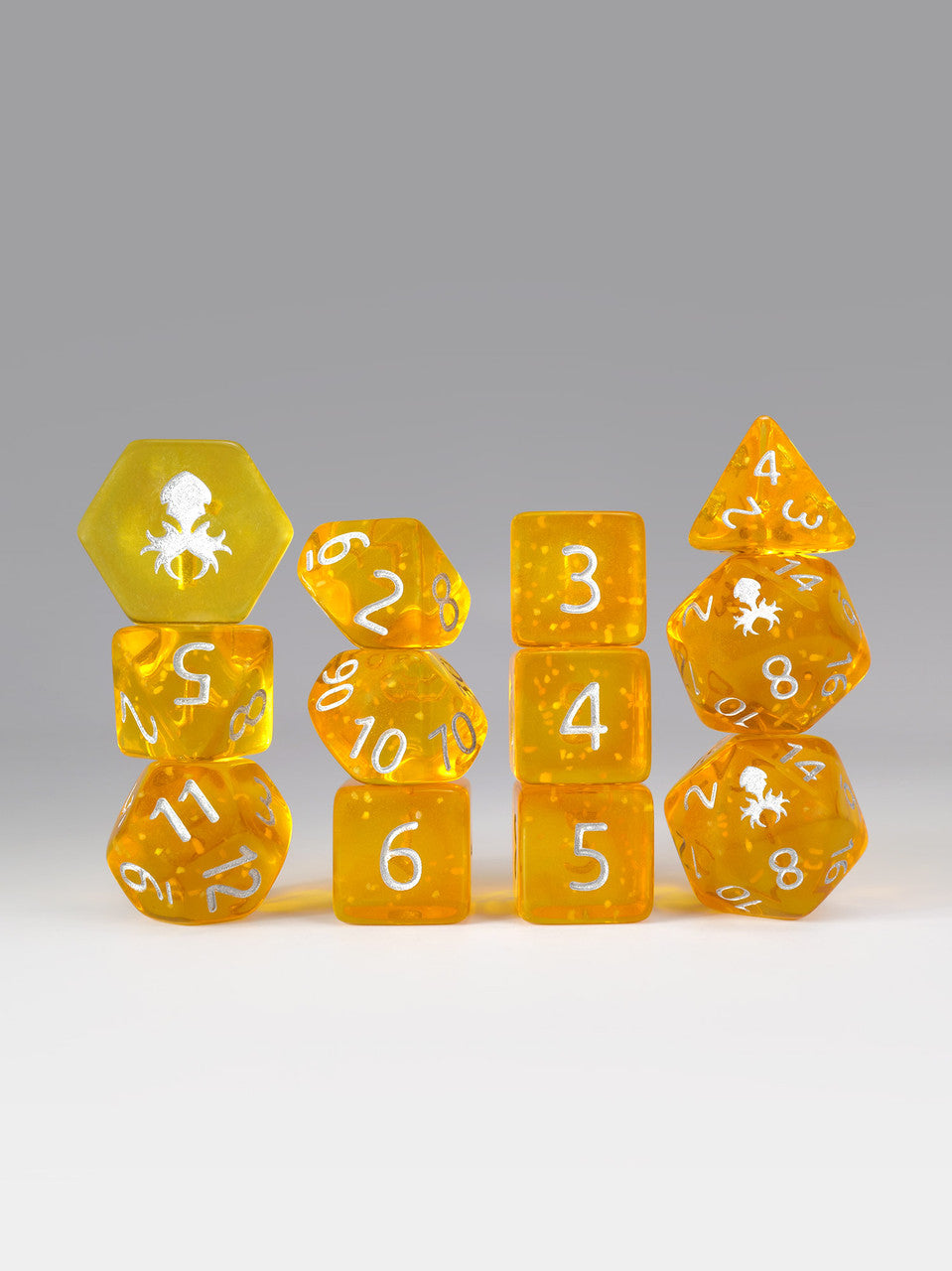 Peach Fizz 12pc TTRPG Dice Set with Silver Ink